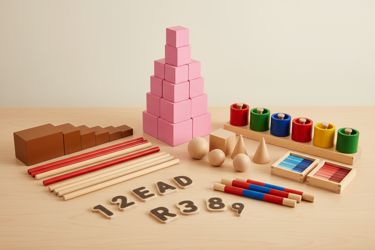 Generate an image collage with the following things: montessori sensory materials like the pink towers and so on