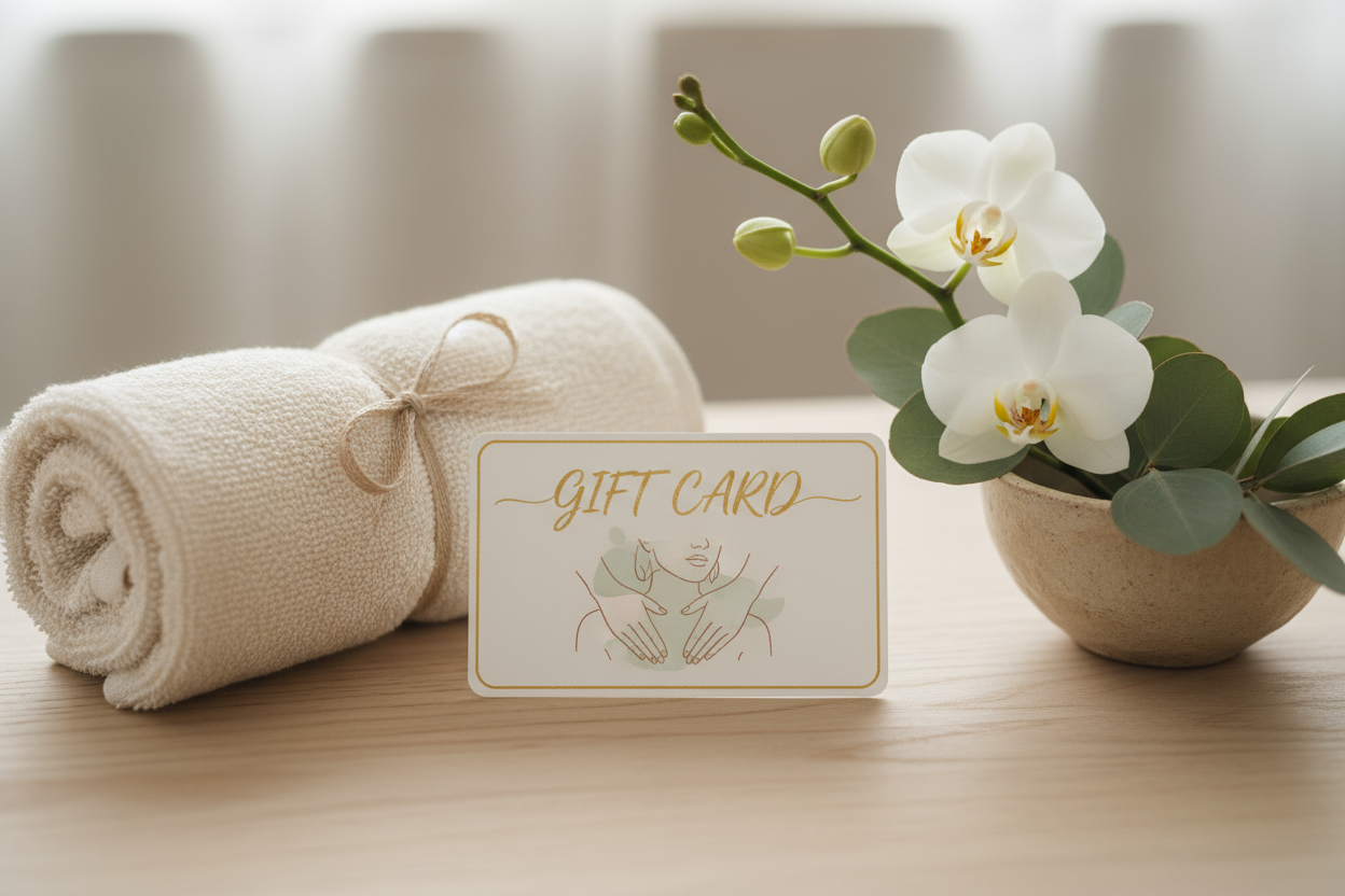 Make it sitting on a. Table next to a towel and flowers.no name, just gift card and a picture of a neck massage 