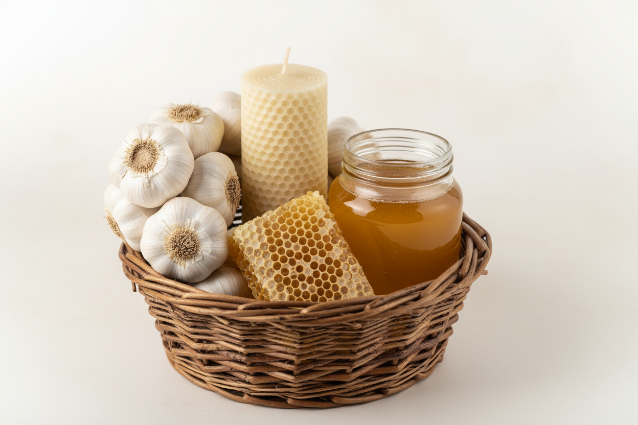small basket with braid of garlic, a beeswax candle, raw hiney comb and honey jar