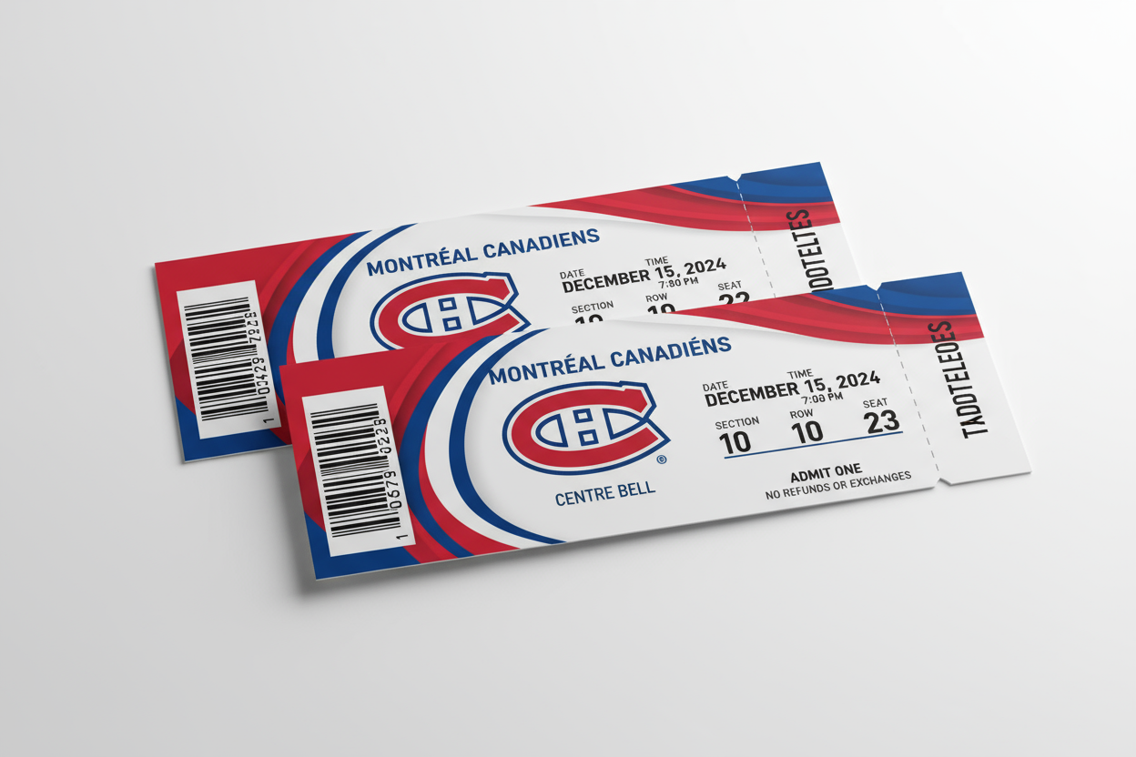 two hockey tickets to Montreal Canadiens on white background 